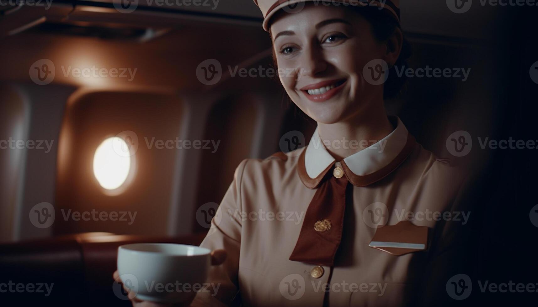 een geslaagd zakenvrouw Holding koffie beker, staand in vliegtuig cabine gegenereerd door ai foto