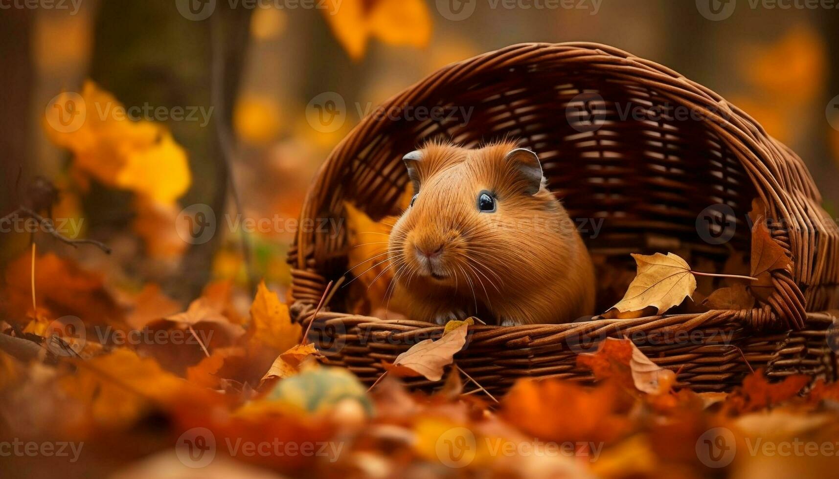 klein harig knaagdier zit in rieten mand met herfst pompoen gegenereerd door ai foto