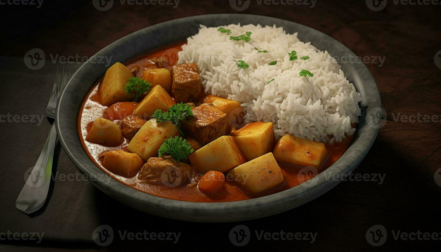gezond vegetarisch stoofpot met gestoomd basmati rijst- Aan rustiek serviesgoed gegenereerd door ai foto