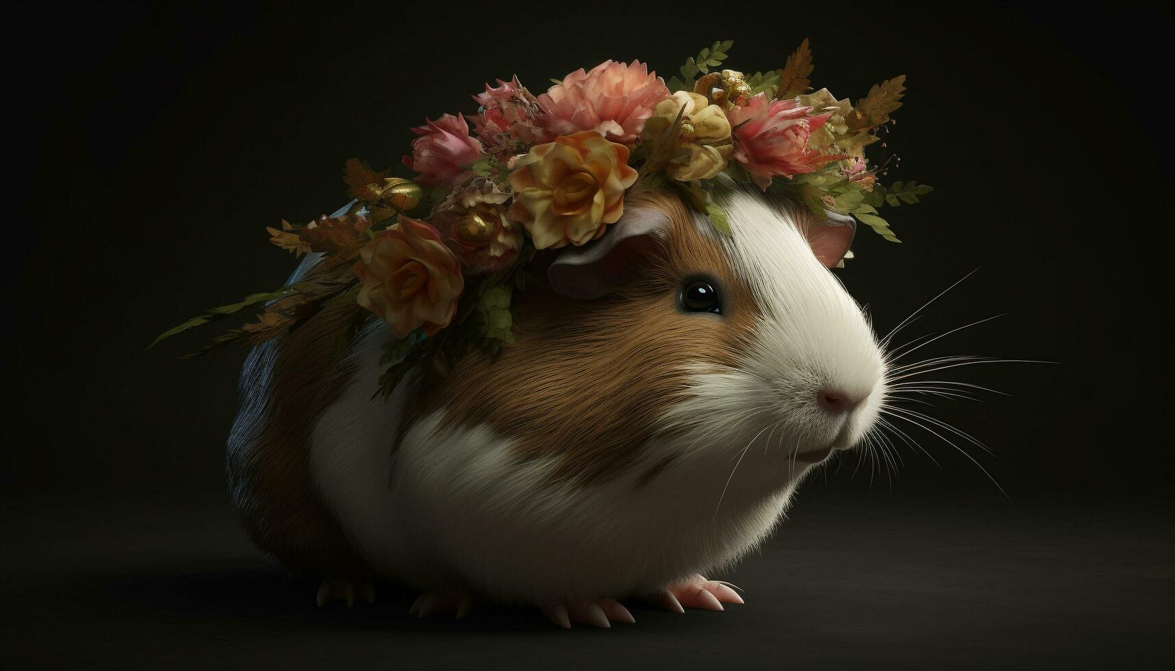 pluizig jong konijn met bakkebaarden zittend Aan gras, omringd door bloemen gegenereerd door ai foto