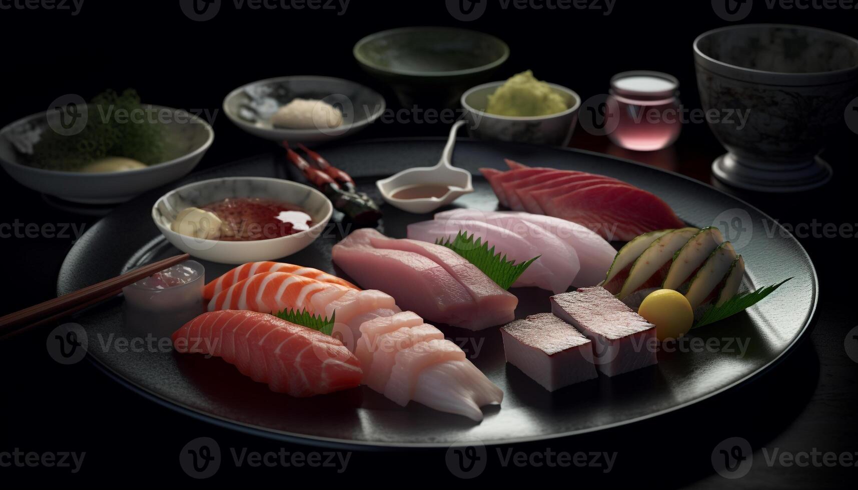 vers zeevruchten maaltijd met sashimi, nigiri, en maki sushi gegenereerd door ai foto