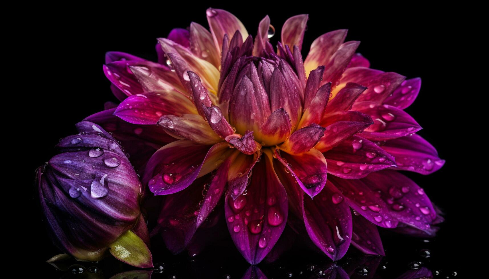 levendig bloemblaadjes van een Purper dahlia, nat met dauw druppels gegenereerd door ai foto