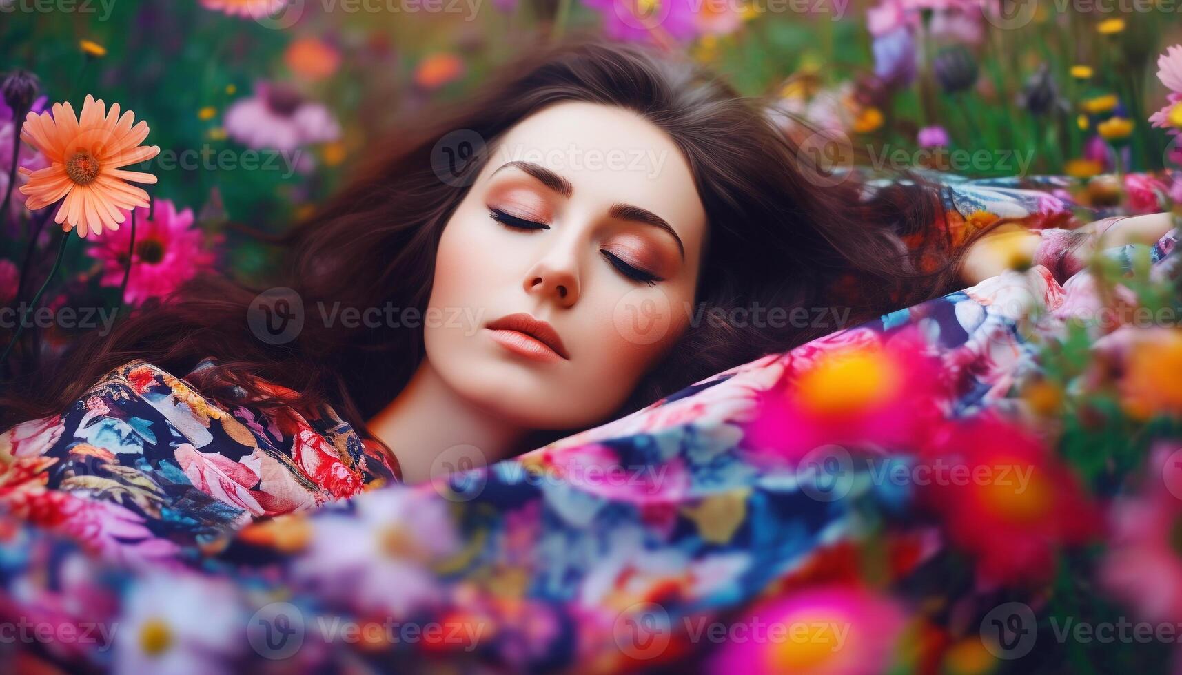 mooi jong vrouw geniet natuur schoonheid, aan het liegen in kleurrijk weide gegenereerd door ai foto