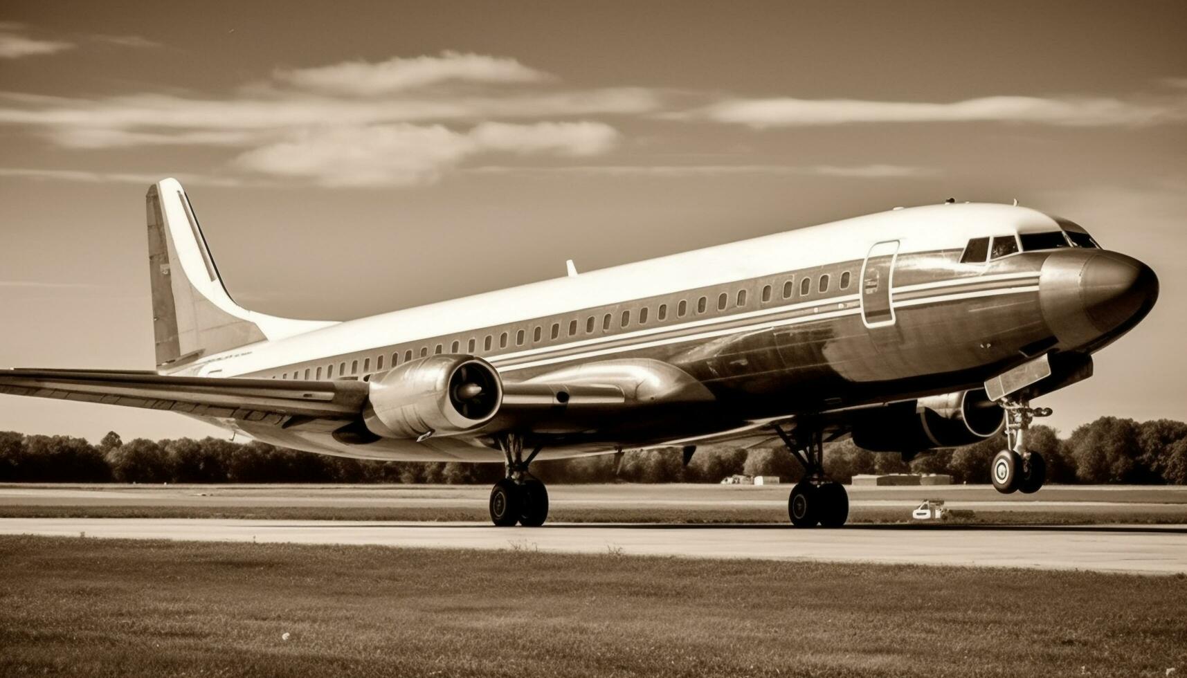 vliegend reclame vliegtuig nemen uit van luchthaven landingsbaan in zwart en wit gegenereerd door ai foto