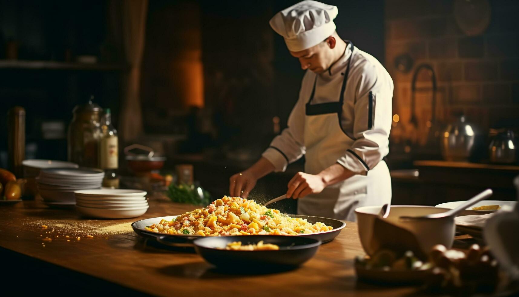 Kaukasisch chef voorbereidingen treffen eigengemaakt maaltijd in huiselijk keuken met vers ingrediënten gegenereerd door ai foto