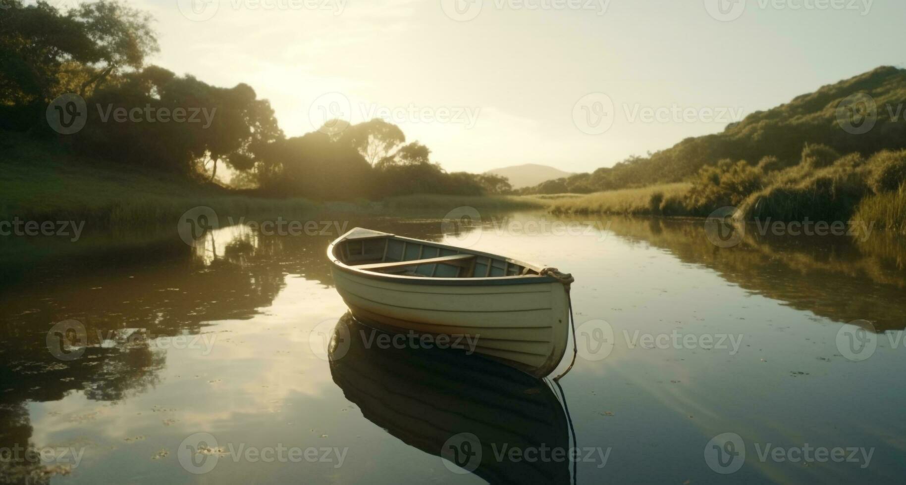 rustig zonsondergang Aan de vijver, roeiboot glijdt door reflectie gegenereerd door ai foto