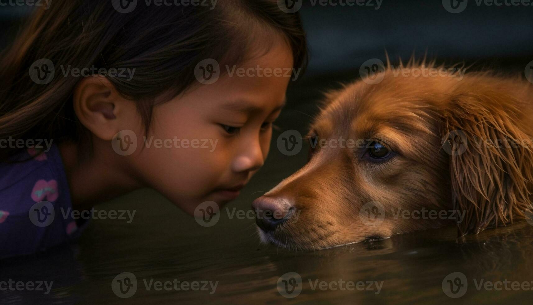 schattig meisje omarmt nat puppy in natuur, zuiver geluk weerspiegeld gegenereerd door ai foto