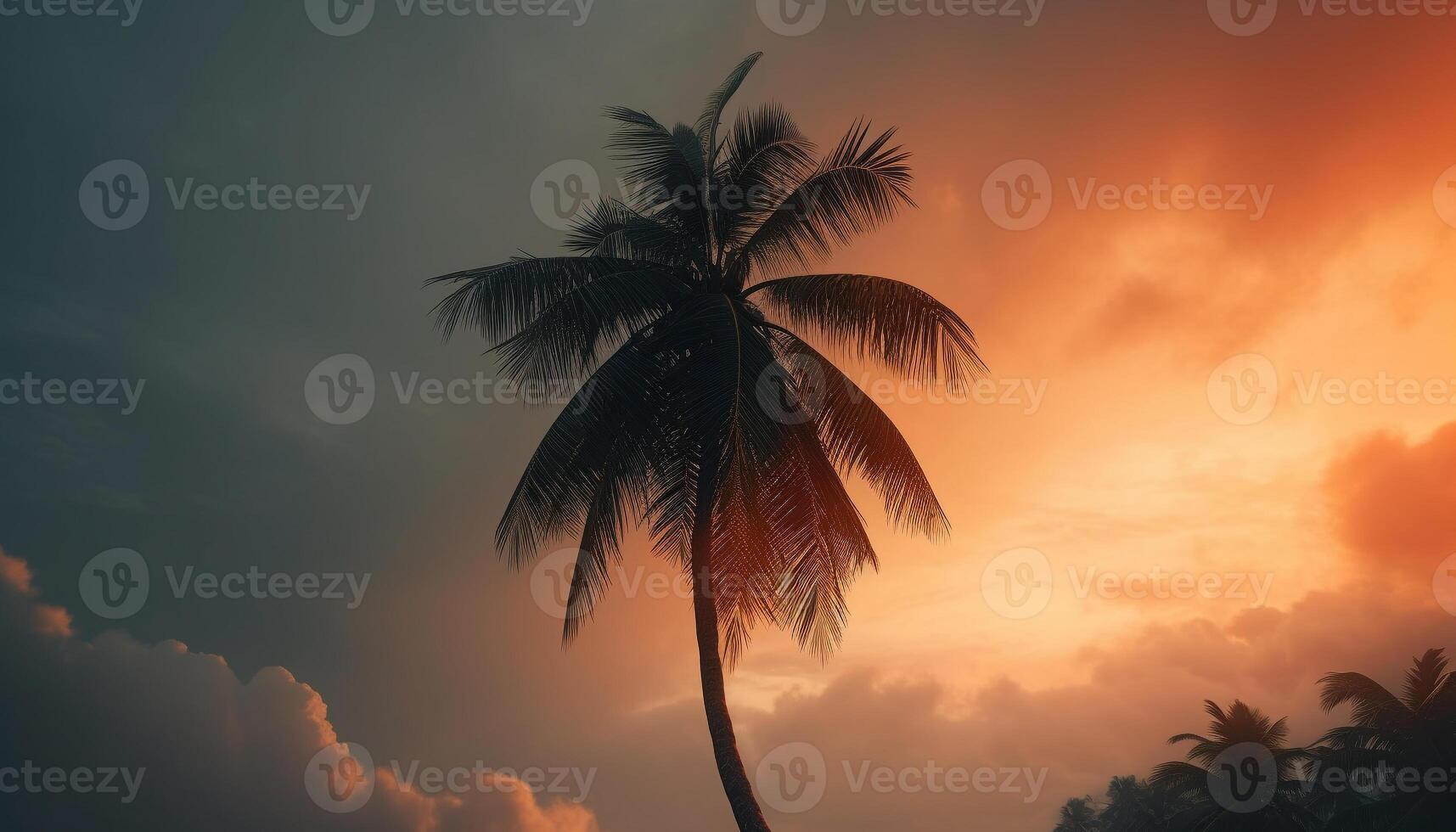 silhouet van palm bomen tegen oranje lucht, tropisch paradijs vakantie gegenereerd door ai foto