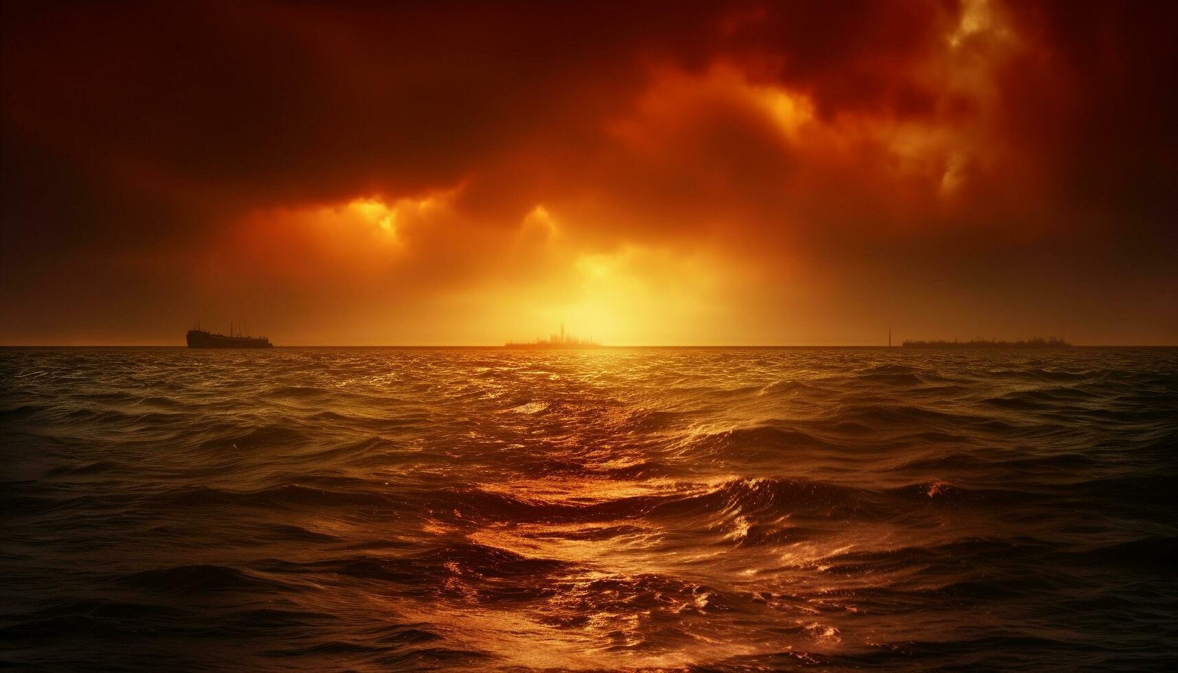 rustig zonsondergang over- levendig zeegezicht, nautische vaartuig Aan horizon gegenereerd door ai foto