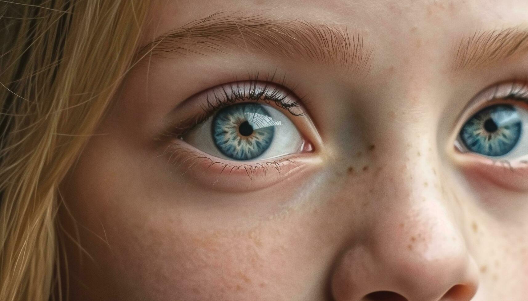 schattig kind met blauw ogen staren Bij camera met onschuld gegenereerd door ai foto