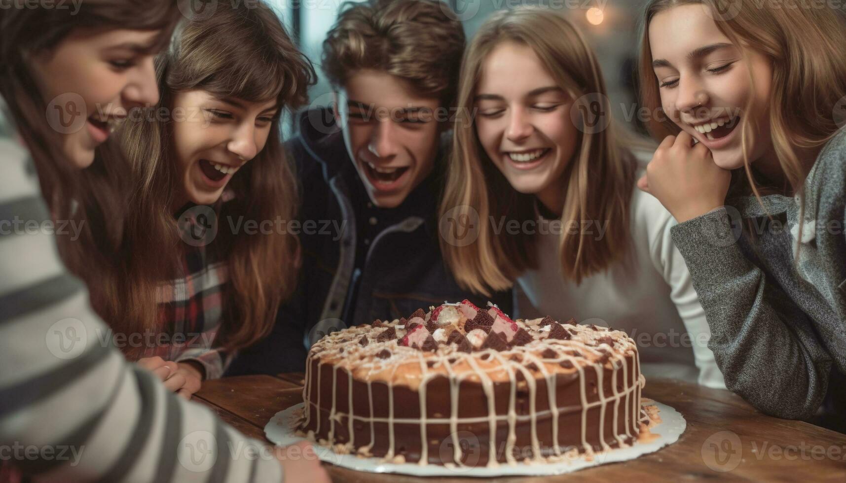 groep van jong volwassenen genieten van verjaardag viering met taart en gelach gegenereerd door ai foto