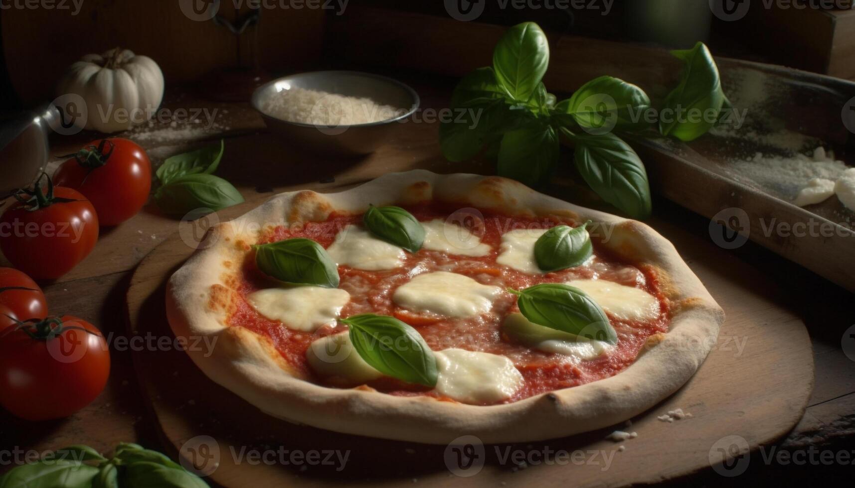 vers gebakken rustiek margherita pizza met biologisch tomaat saus en Mozzarella gegenereerd door ai foto