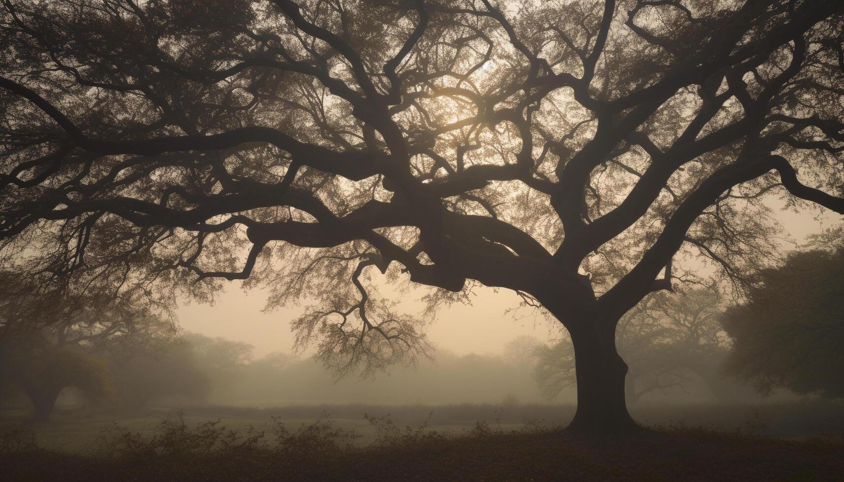 silhouet van spookachtig boom in mistig Woud, herfst mysterie gegenereerd door ai foto