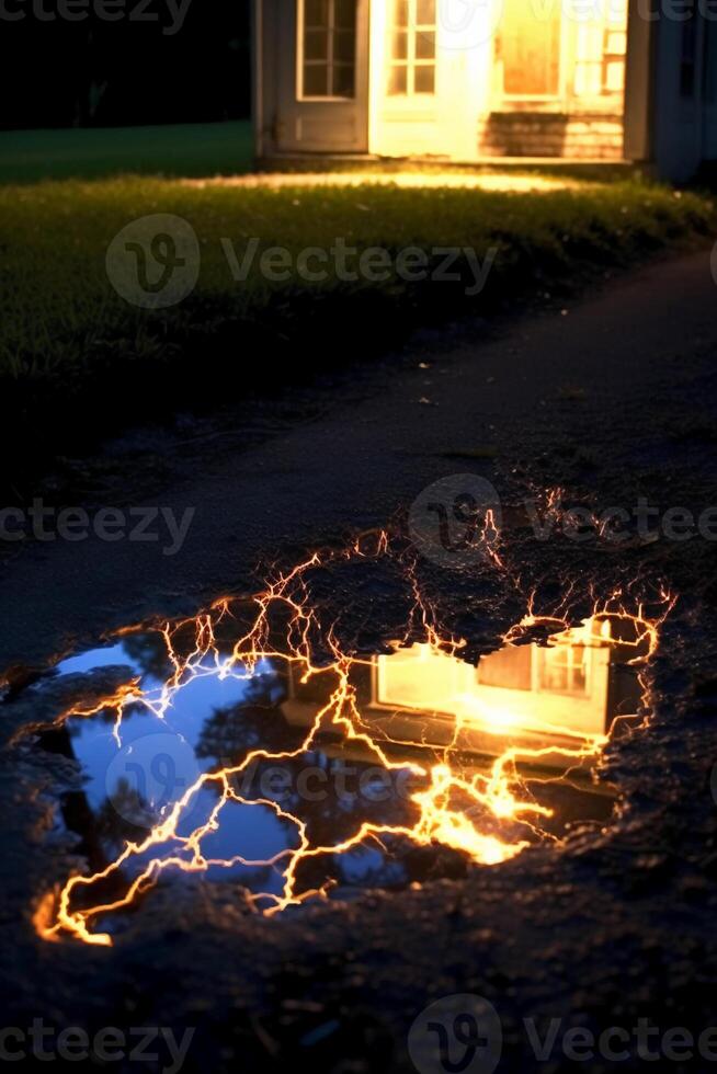 een elektrisch stroom knippert door een plas. ai generatief foto