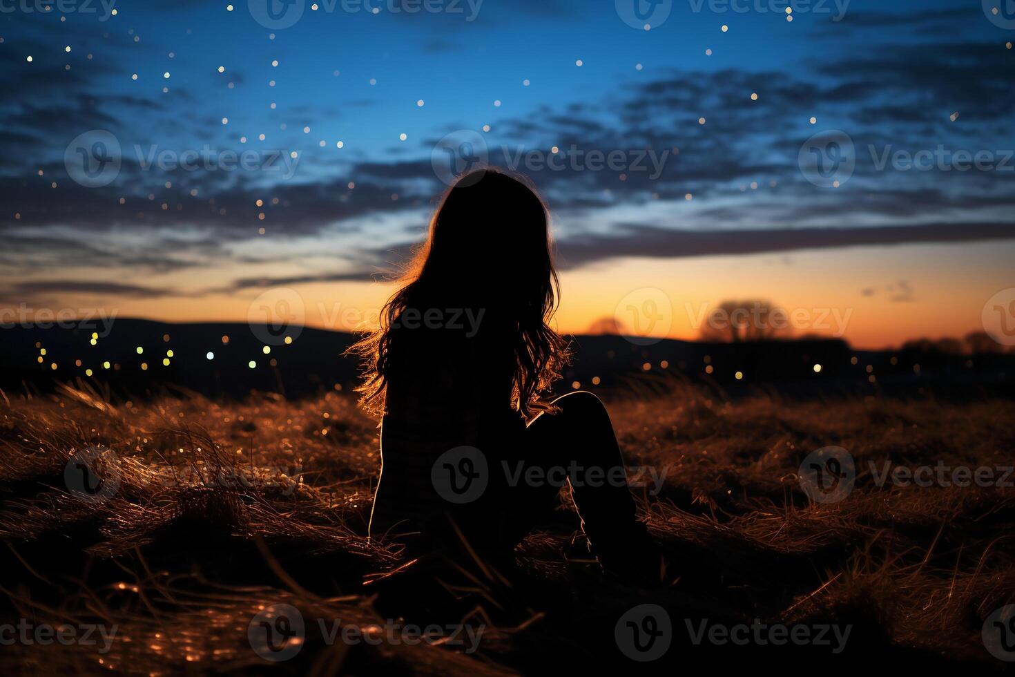 silhoutte van meisje op zoek in ruimte Aan een veld. ai generatief foto