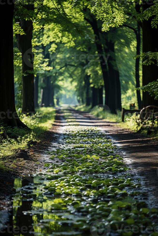 zomer, de zon schijnt helder, Woud pad. ai generatief foto