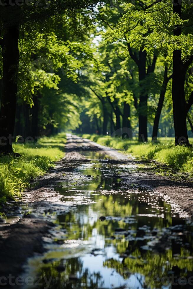 zomer, de zon schijnt helder, Woud pad. ai generatief foto