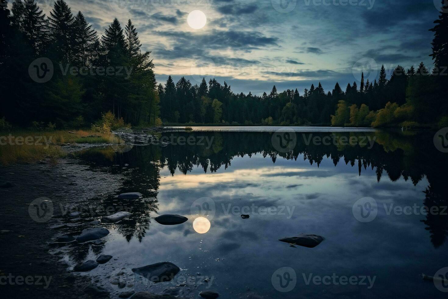 foto van meer met maan reflectie. ai generatief