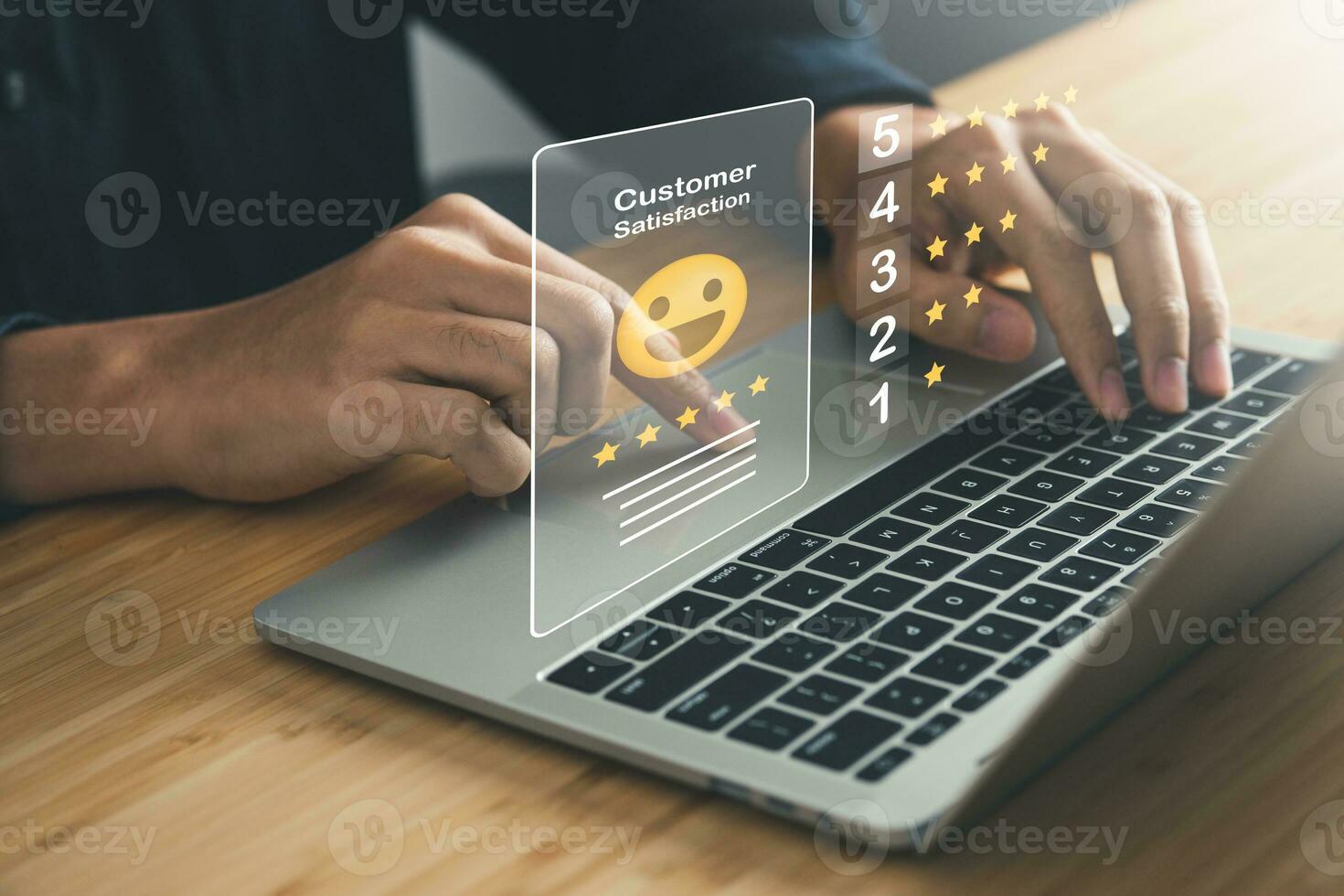 bedrijf Mens punt vijf sterren enquête beoordeling icoon voor klant tevredenheid scoort. klant tevredenheid concept. foto