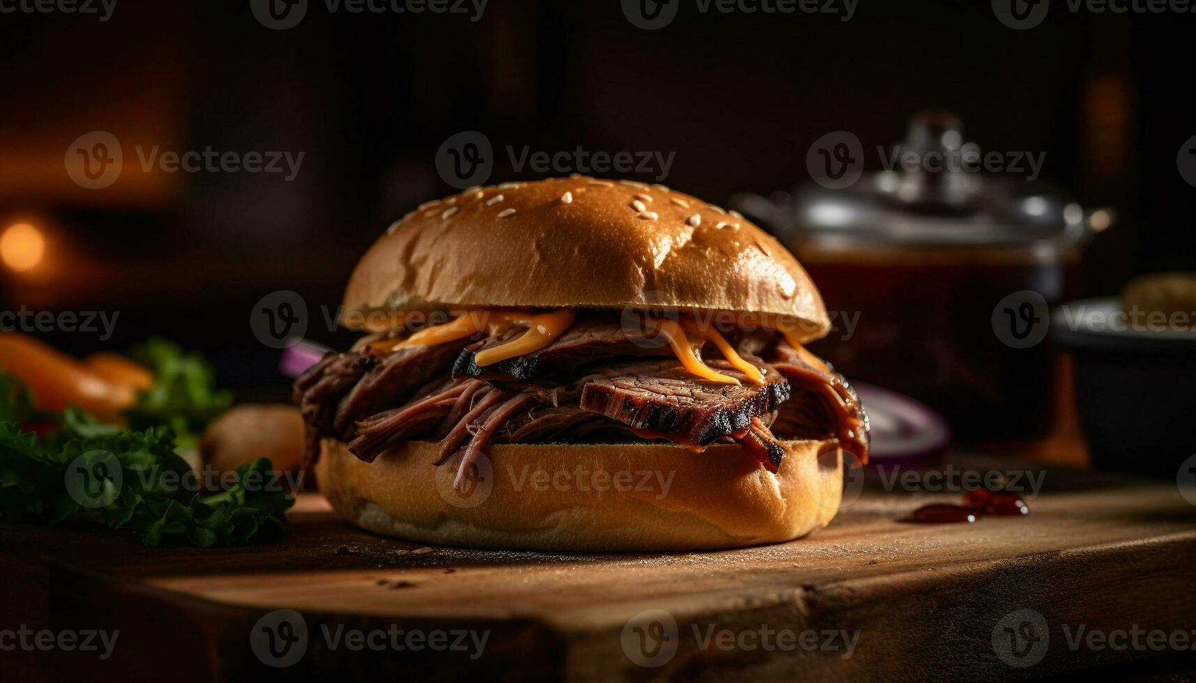 gegrild rundvlees hamburger Aan rustiek brood bun gegenereerd door ai foto