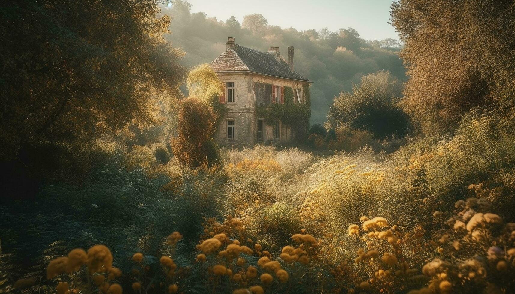 spookachtig oud ruïneren in mistig herfst Woud gegenereerd door ai foto