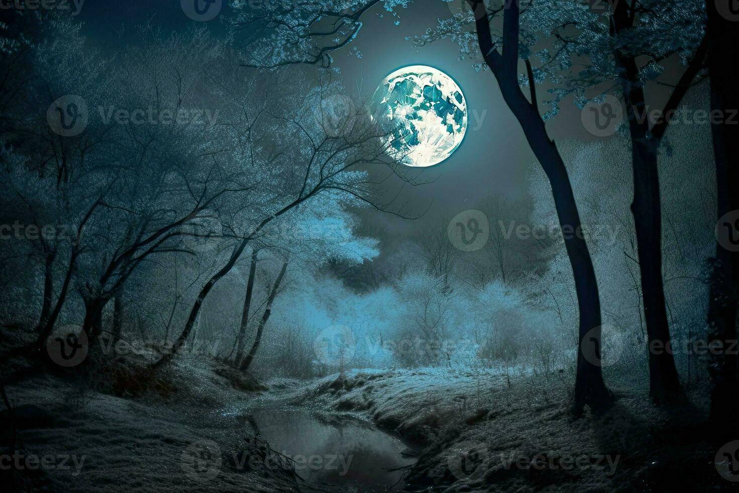 ai gegenereerd de mystiek maan gips een zilverachtig gloed over- de betoverd Woud. foto