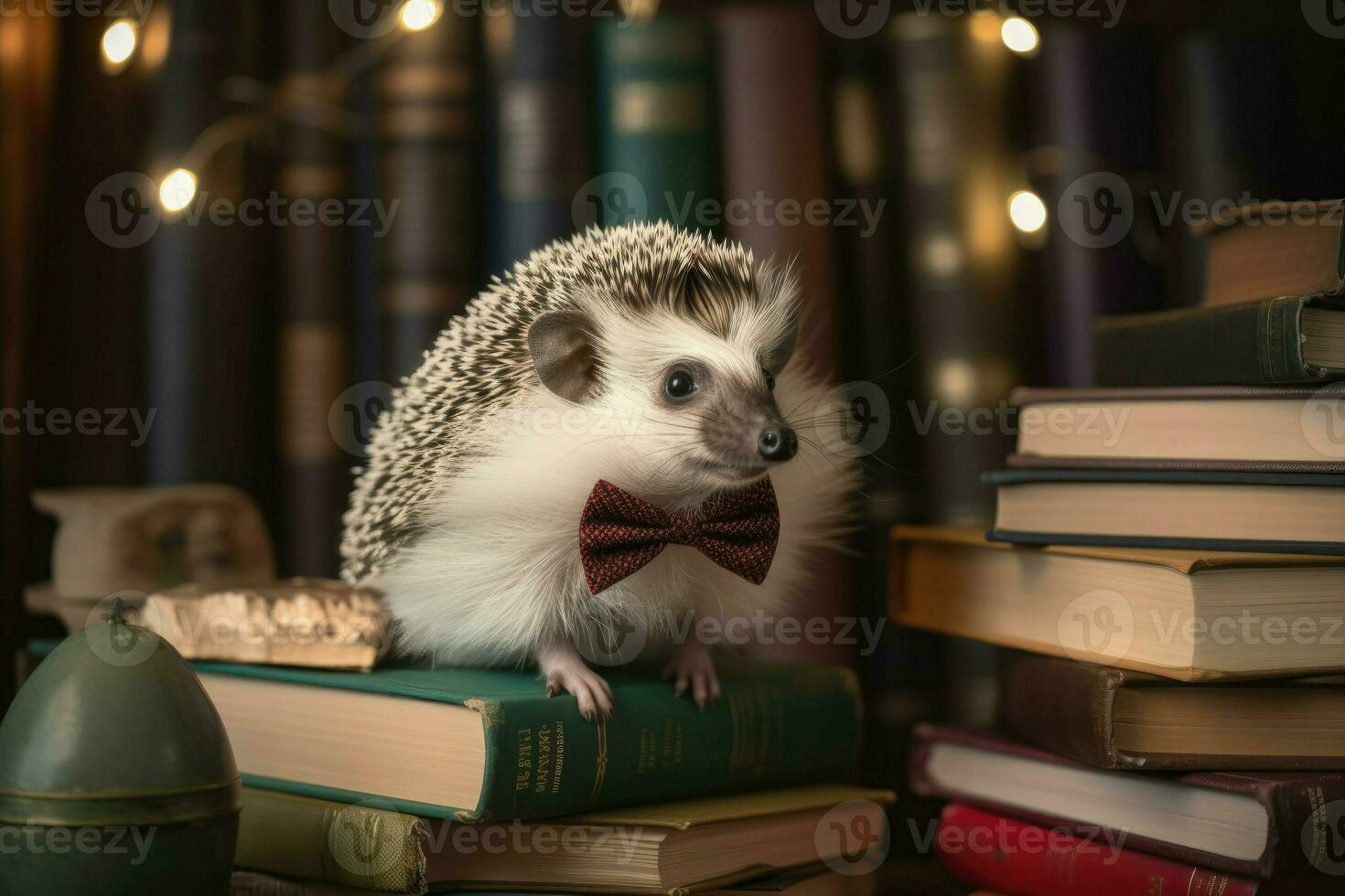 ai gegenereerd charmant egel vervelend een klein boog binden, omringd door boeken in een knus bibliotheek. foto