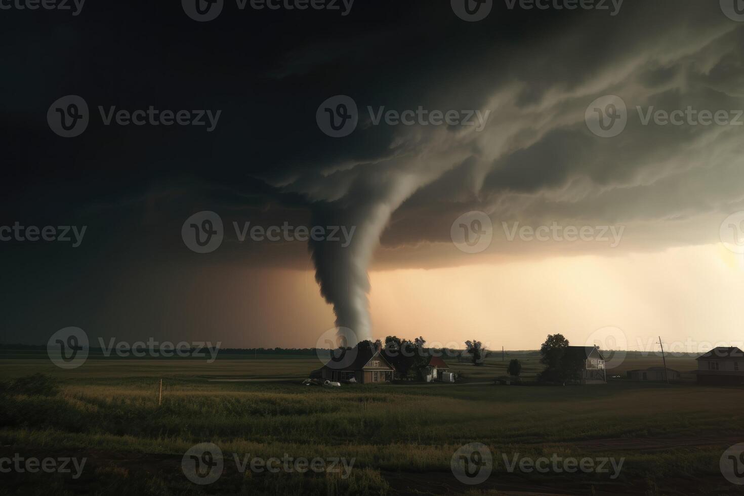 ai gegenereerd dramatisch beeld van een tornado vormen in de afstand. foto