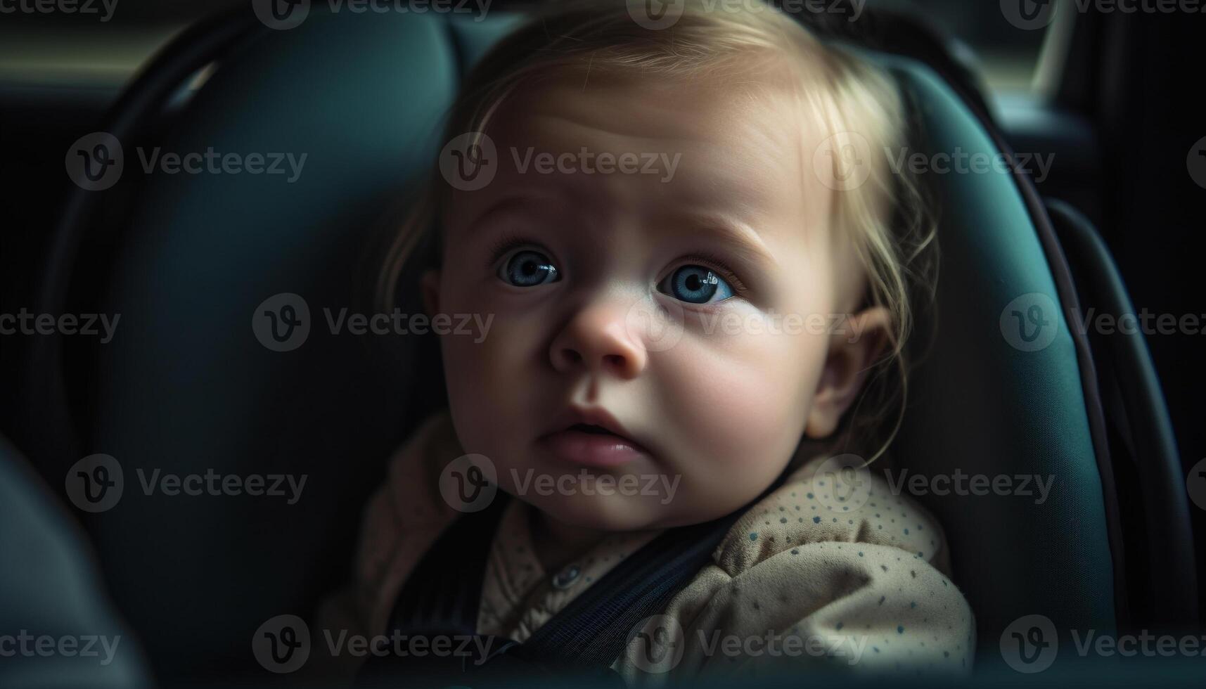 schattig baby jongen zittend in auto stoel, op zoek Bij camera gegenereerd door ai foto