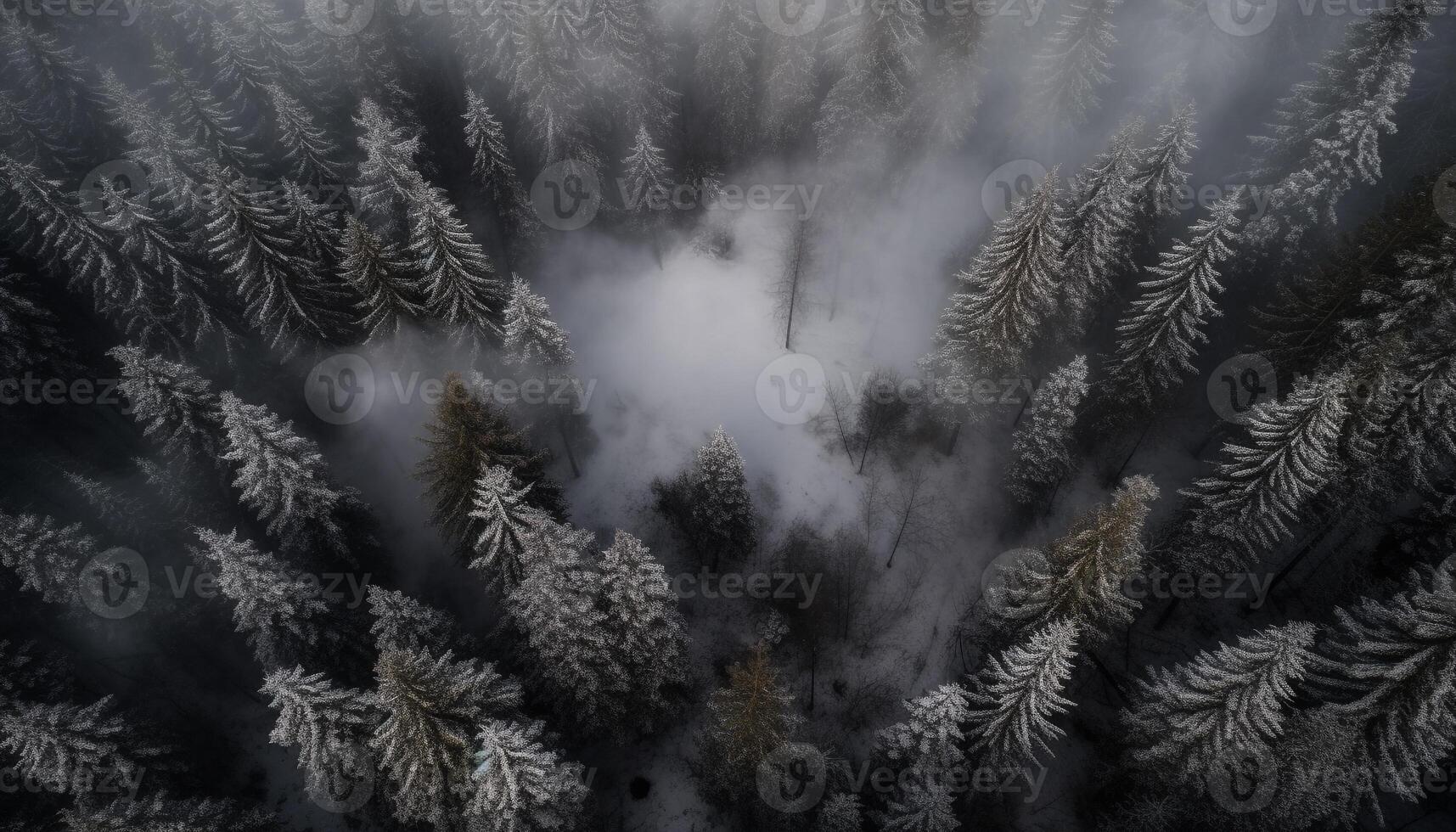 rustig tafereel van naald- bomen Aan berg top in winter gegenereerd door ai foto