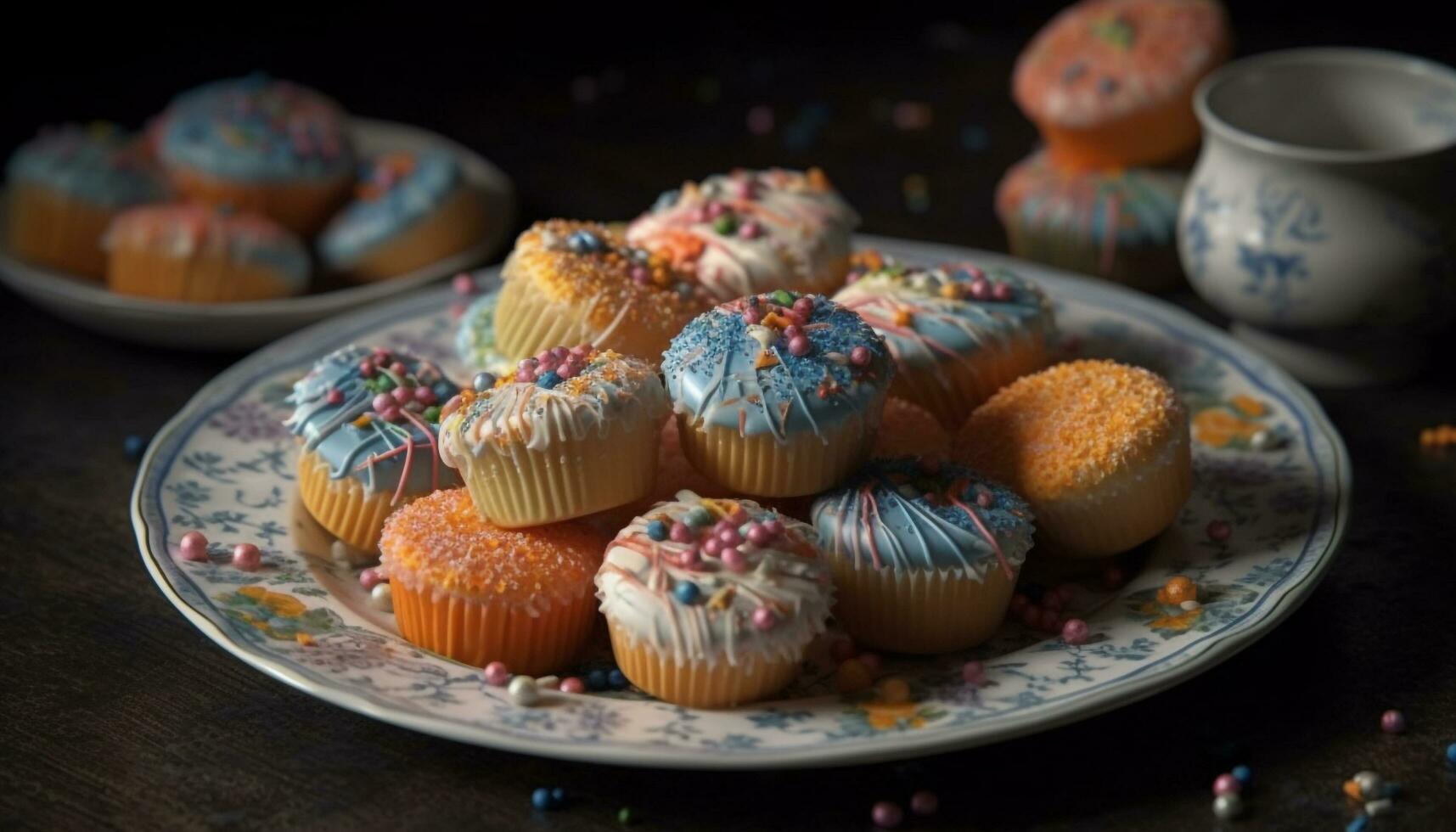 multi gekleurde cupcakes met fijnproever decoratie, vers fruit en chocola suikerglazuur gegenereerd door ai foto