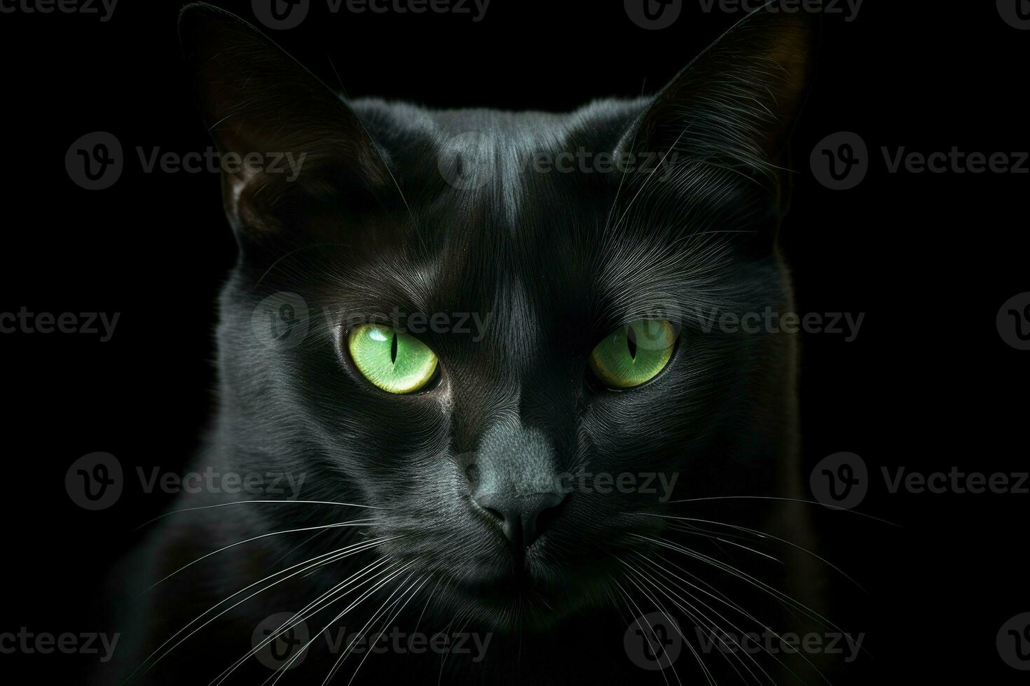 ai gegenereerd minimalistische portret van een strak zwart kat, met doordringend groen ogen en subtiel schaduwen. foto