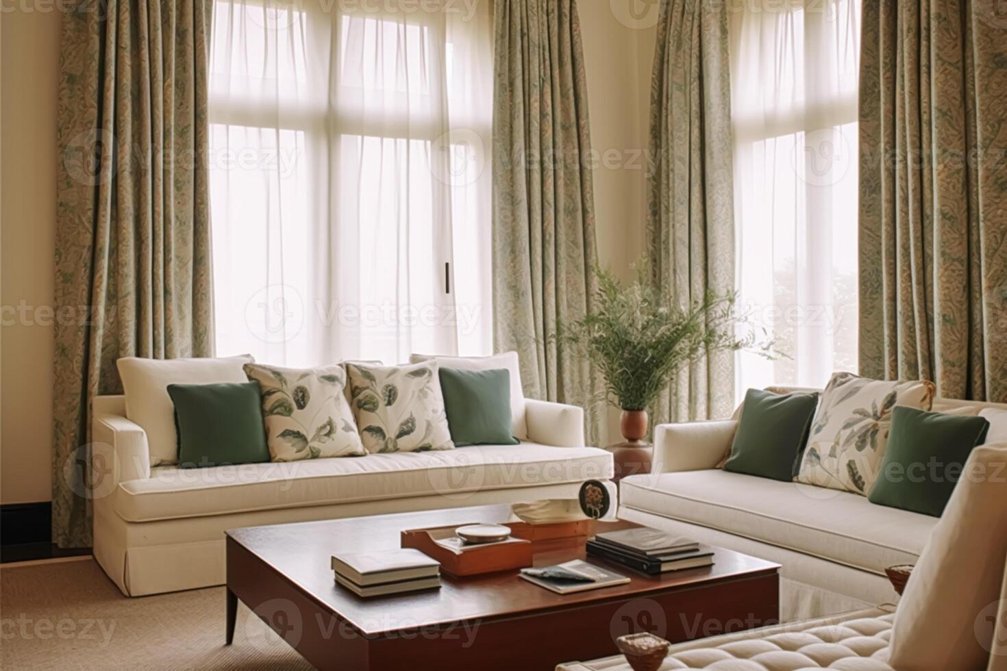 elegant modern wit lounge kamer decor, interieur ontwerp en huis verbetering, leven kamer meubilair, sofa en huis decor, land huisje stijl, generatief ai foto