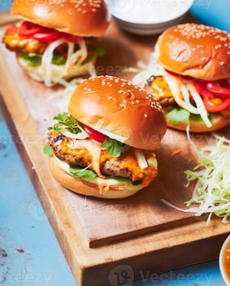 comfort voedsel en eigengemaakt maaltijd recept, hamburgers met vlees en groenten voor lunch of avondeten Aan rustiek bord en blauw tafel, generatief ai foto