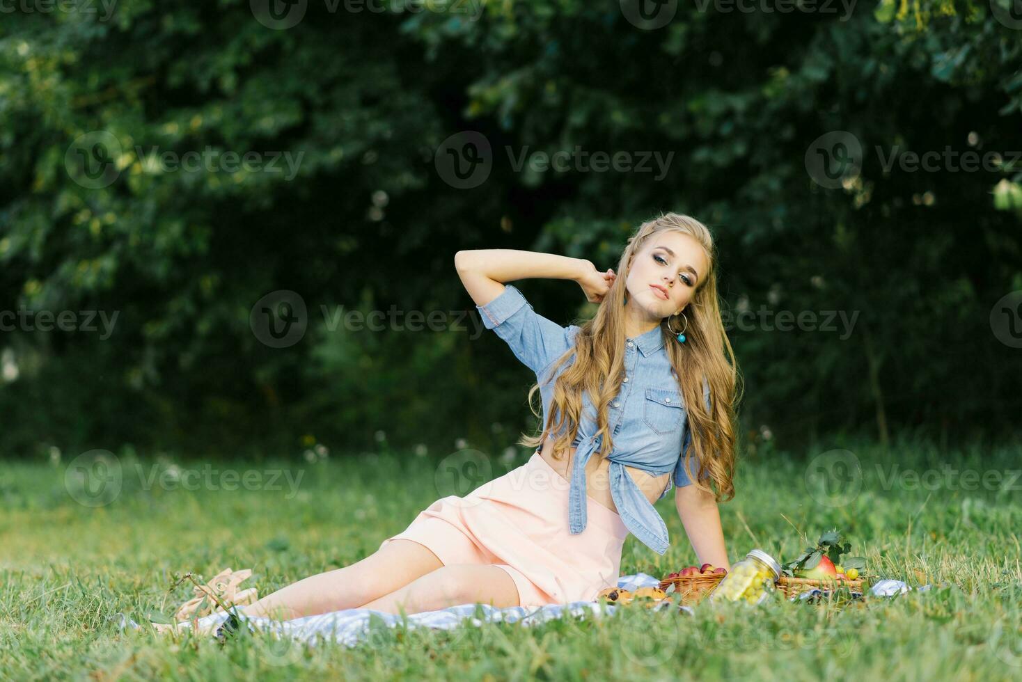 een mooi jong vrouw is zittend Aan een deken Aan de gras. zomer picknick foto