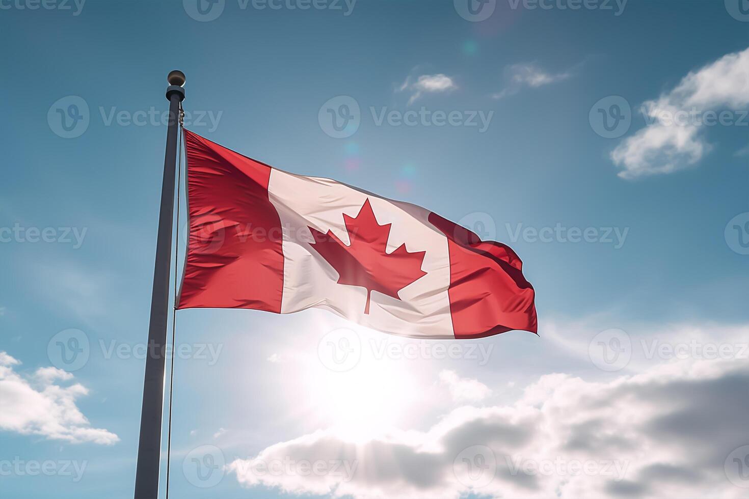 Canadees vlag Aan Doorzichtig blauw lucht. generatief ai foto