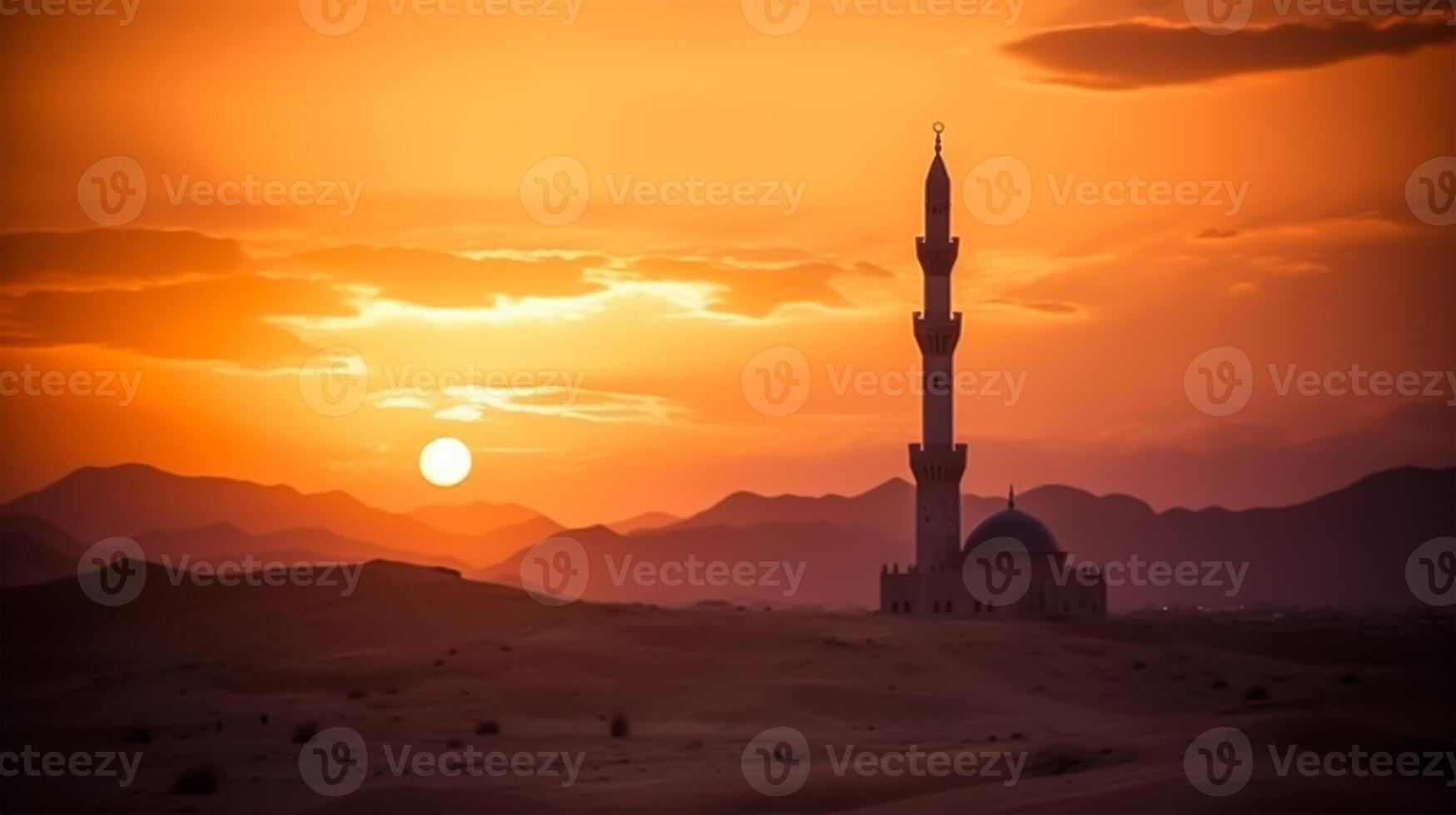 foto zonsondergang over- woestijn met moslim moskee in de voorgrond, moslim, Arabisch, Islam, Ramadan, eid vieren, moslim vakantie. generatief ai