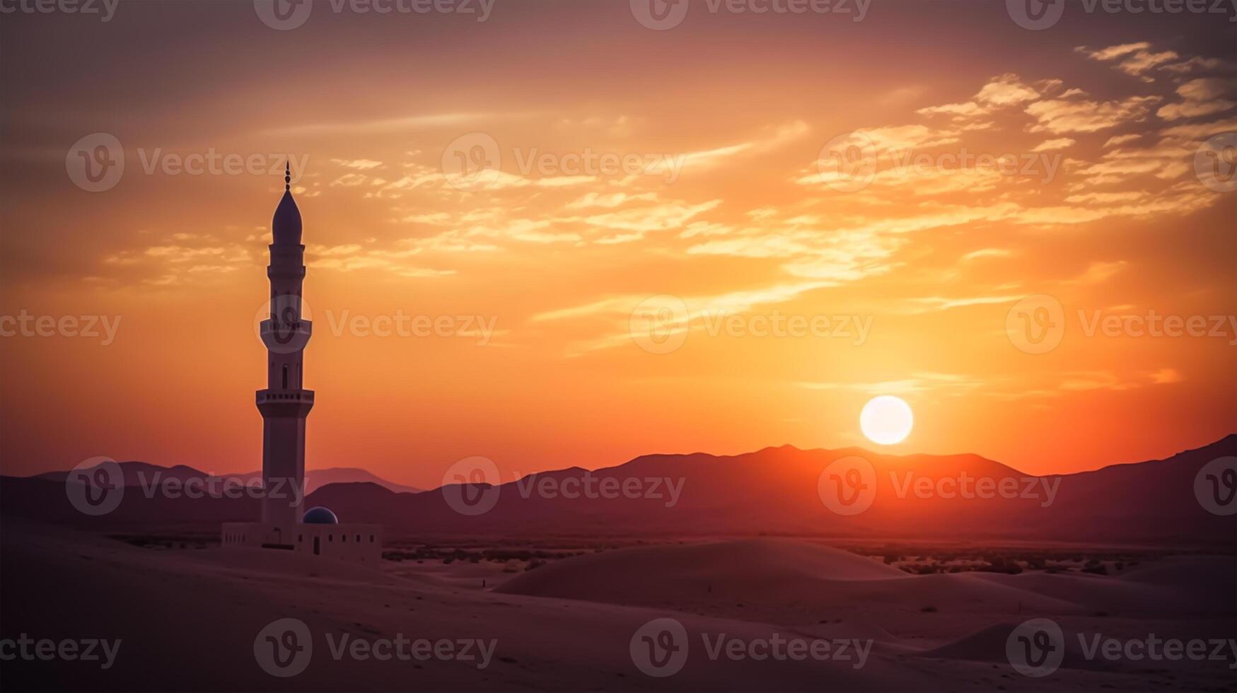 foto zonsondergang over- woestijn met moslim moskee in de voorgrond, moslim, Arabisch, Islam, Ramadan, eid vieren, moslim vakantie. generatief ai