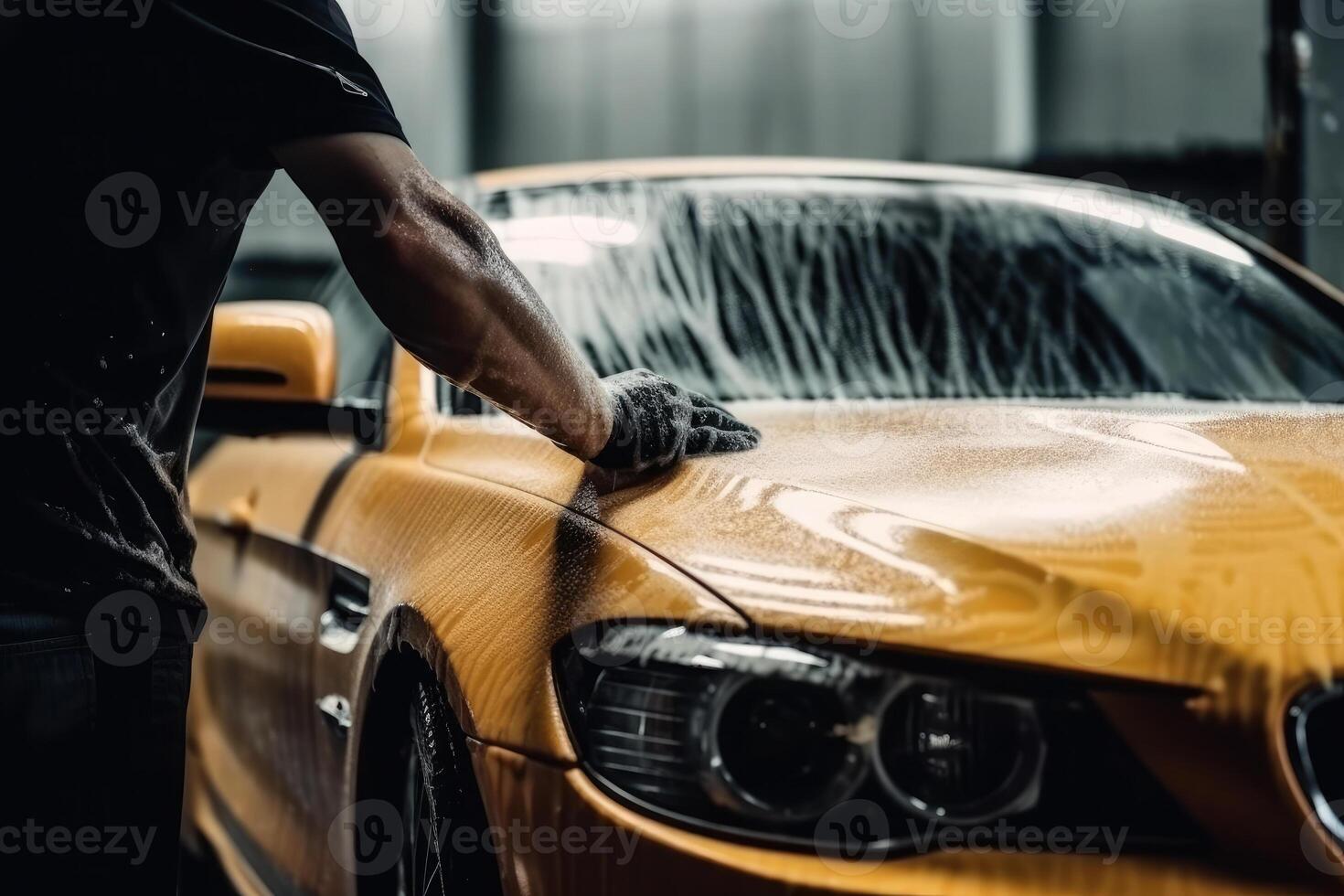 dichtbij omhoog Mens het wassen haar auto in een zelf - onderhoud auto wassen station. auto wassen zelf - onderhoud. generatief ai foto