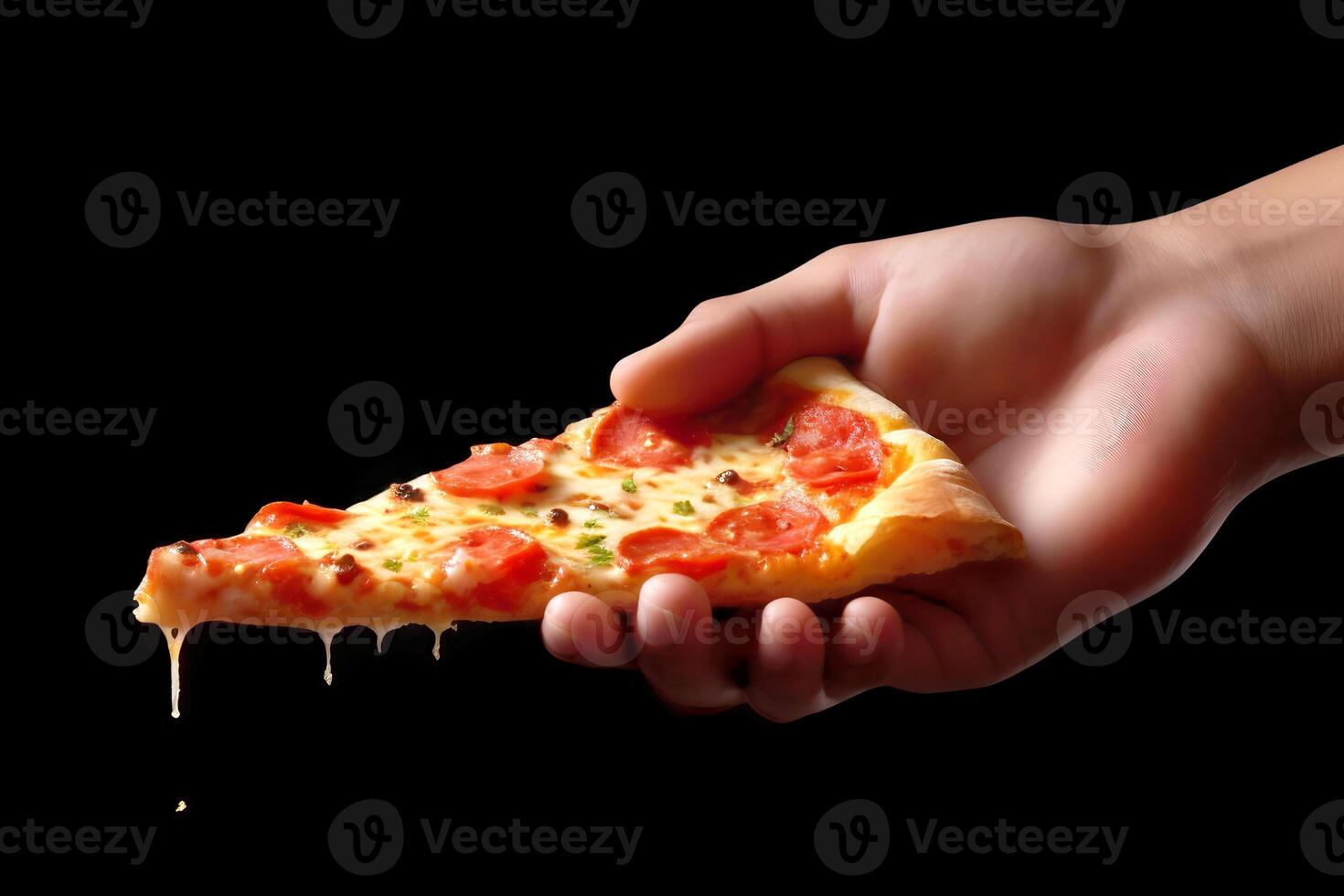 hand- Holding pizza plak Aan een zwart achtergrond, generatief ai foto