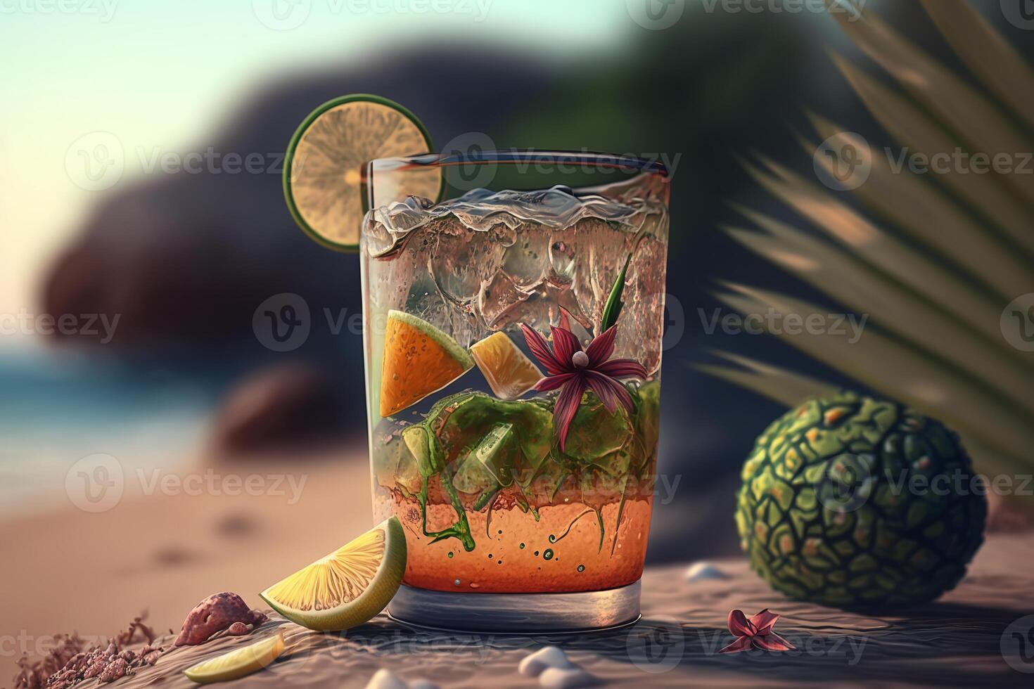 vakantie, ontspanning concept. detailopname exotisch cocktail met ijs in glas Aan oceaan strand. generatief ai foto