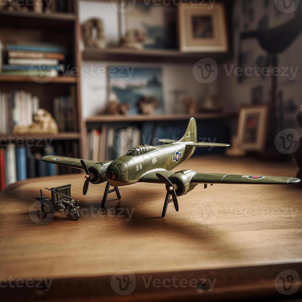 een foto van een speelgoed- tweede wereld oorlog vlak vliegend in kind kamer, miniatuur doen alsof, ai gegenereerd