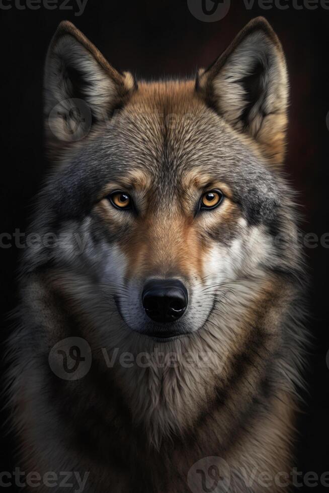 wolf portret Aan donker achtergrond. ai generatief foto