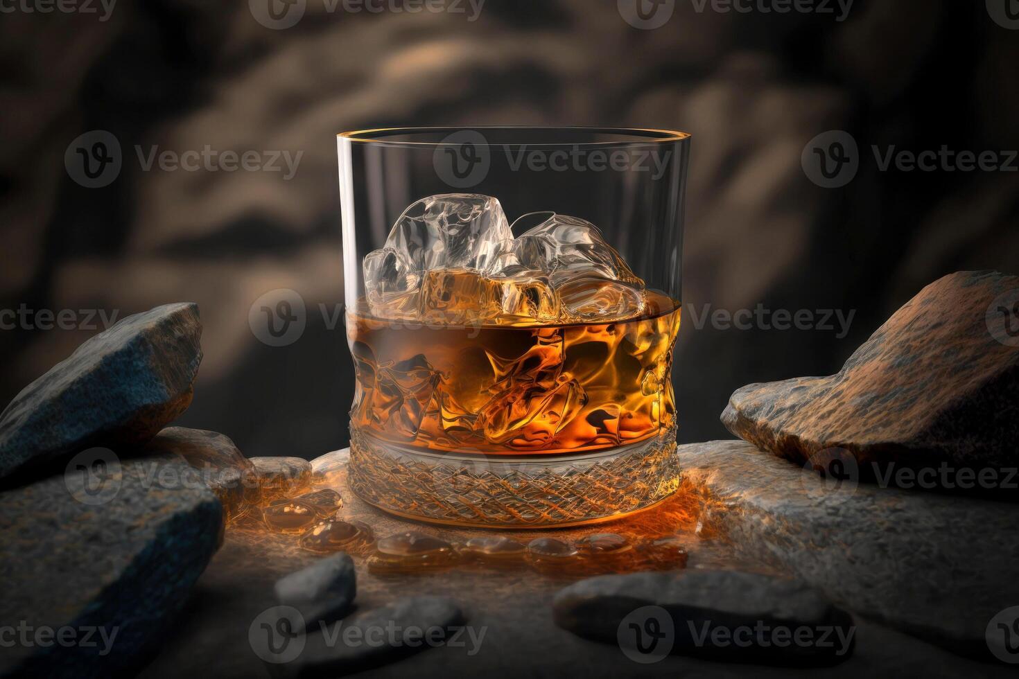 glas van whisky met ijs Aan de rotsen, generatief ai foto