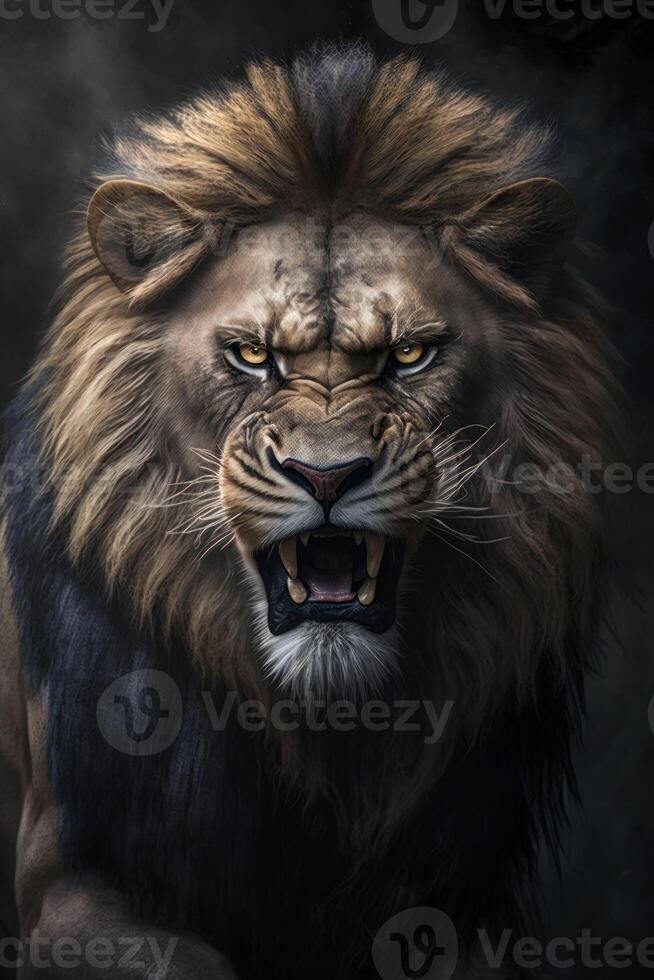 boos oud leeuw koning Aan zwart achtergrond, generatief ai foto