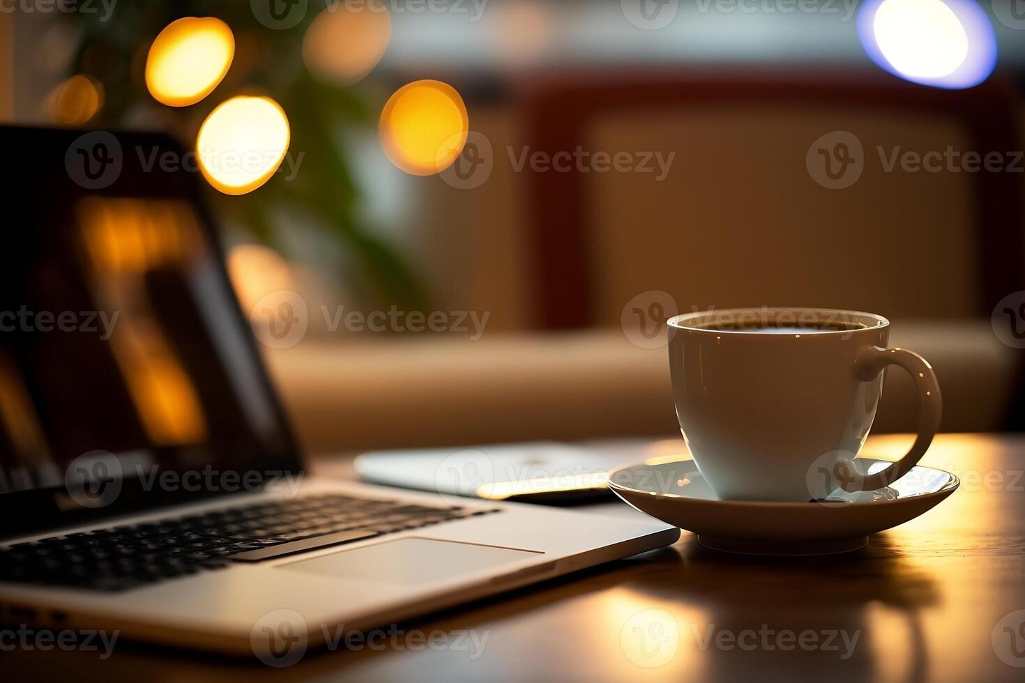 vastleggen de essence van een cafe tafereel met deze beeld van een laptop resting Aan een tafel naast een kop van koffie, reeks tegen een wazig achtergrond ai gegenereerd foto