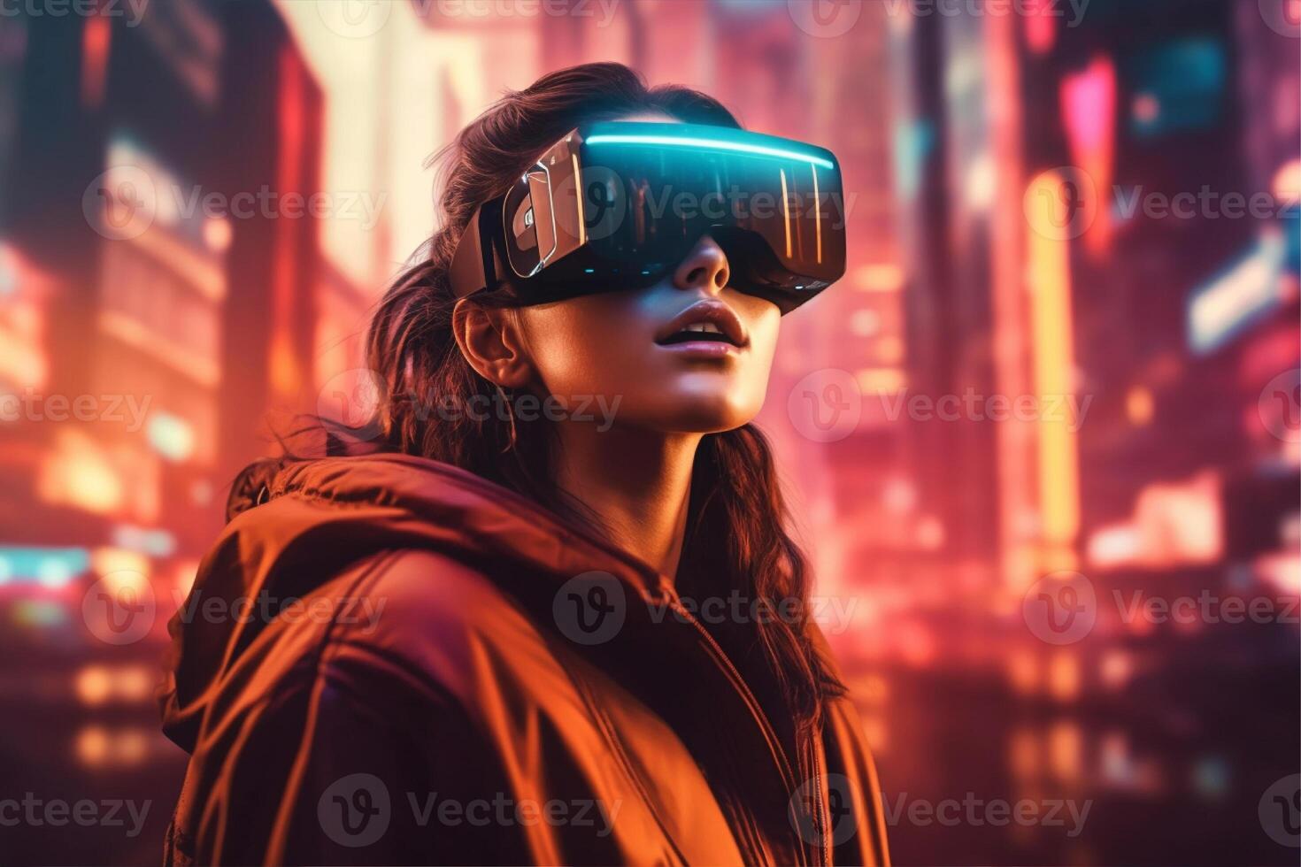 een vrouw vervelend een vr koptelefoon in voorkant van een stadsgezicht, ai gegenereerd foto