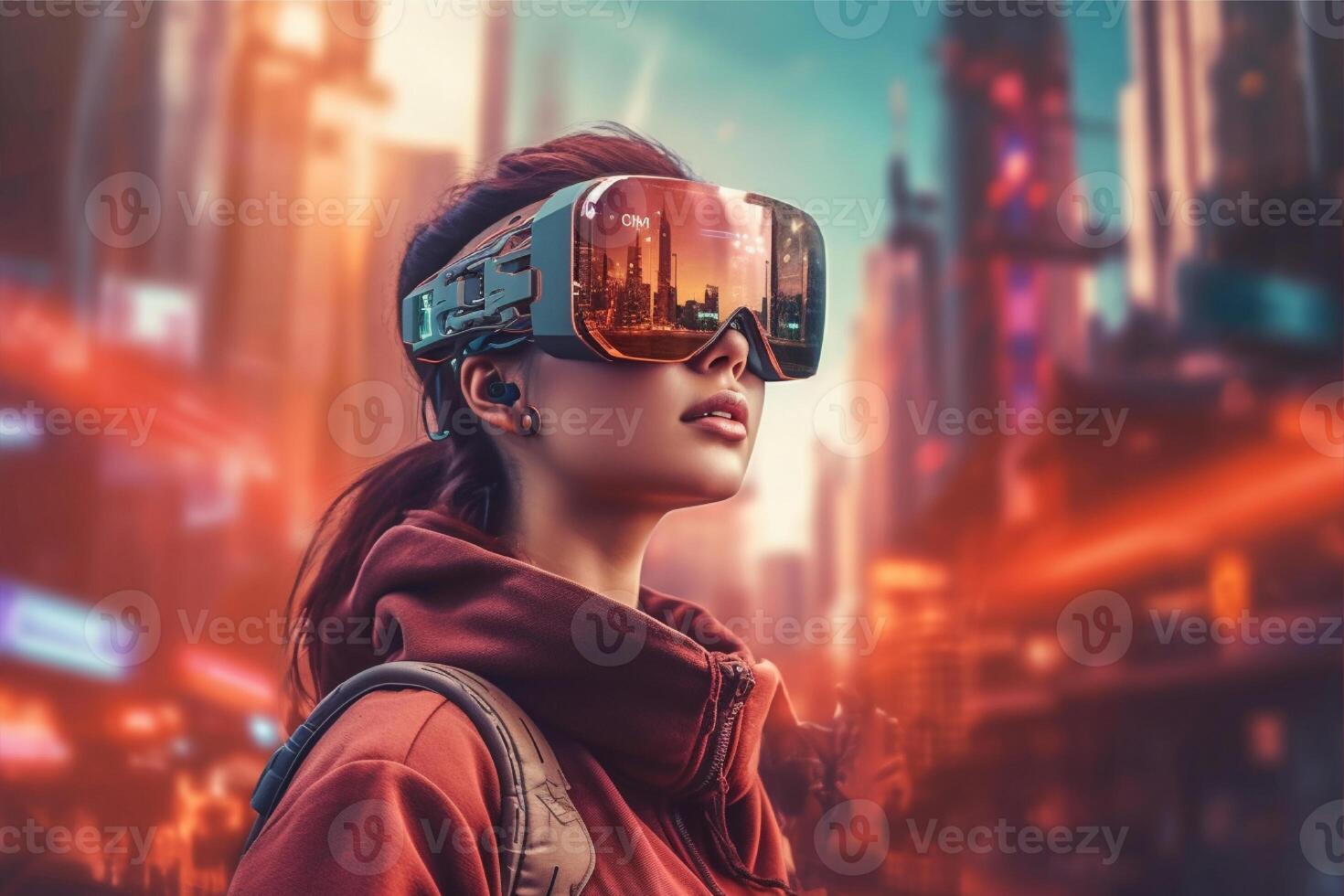 een vrouw vervelend een vr koptelefoon in voorkant van een stadsgezicht, ai gegenereerd foto