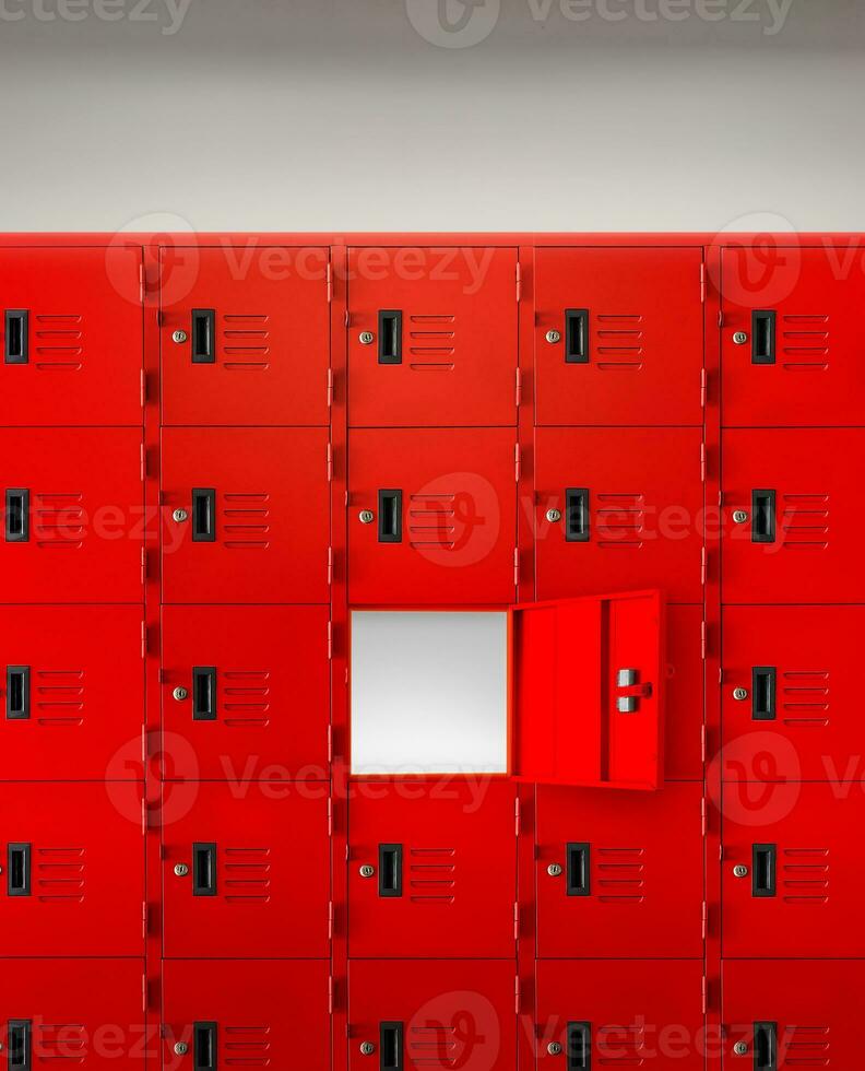 storting rood kastje dozen of Sportschool kluisjes binnen van een kamer met een centraal geopend deur foto
