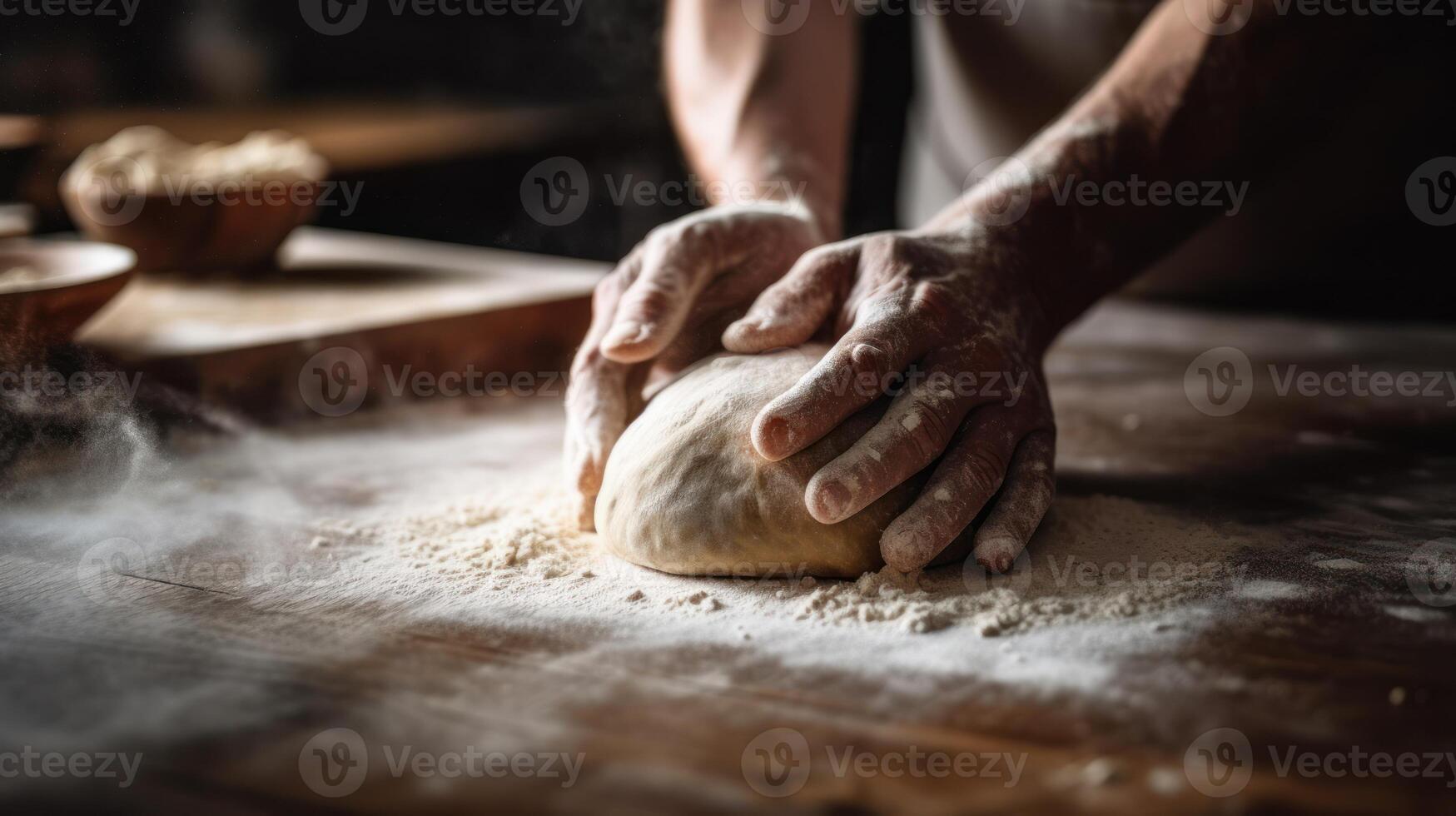 een personen handen kneden deeg Aan een met bloem bestoven aanrecht terwijl voorbereidingen treffen eigengemaakt brood of gebakje. ai gegenereerd foto